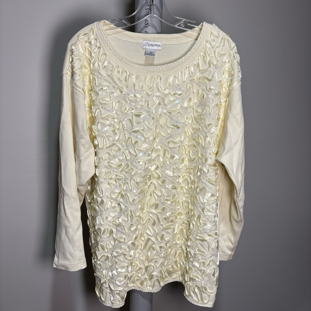 Vtg 80's 90's Gantos Cream Embellished Ribbons Top Blouse Women's XL Long Sleeve
